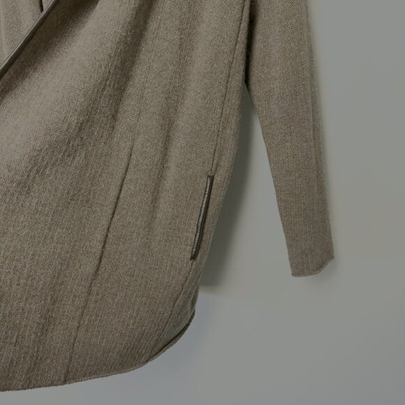 Vince Open Front Longline Wool Cardigan sz L Alpaca Yak Cashmere Leather Trim - Picture 2 of 8
